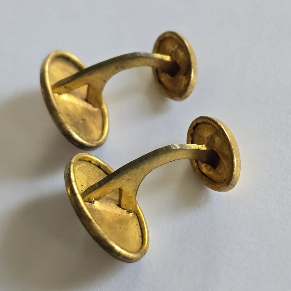 Vintage cuff links gold tone oval engraved leaves lines edwardian art deco